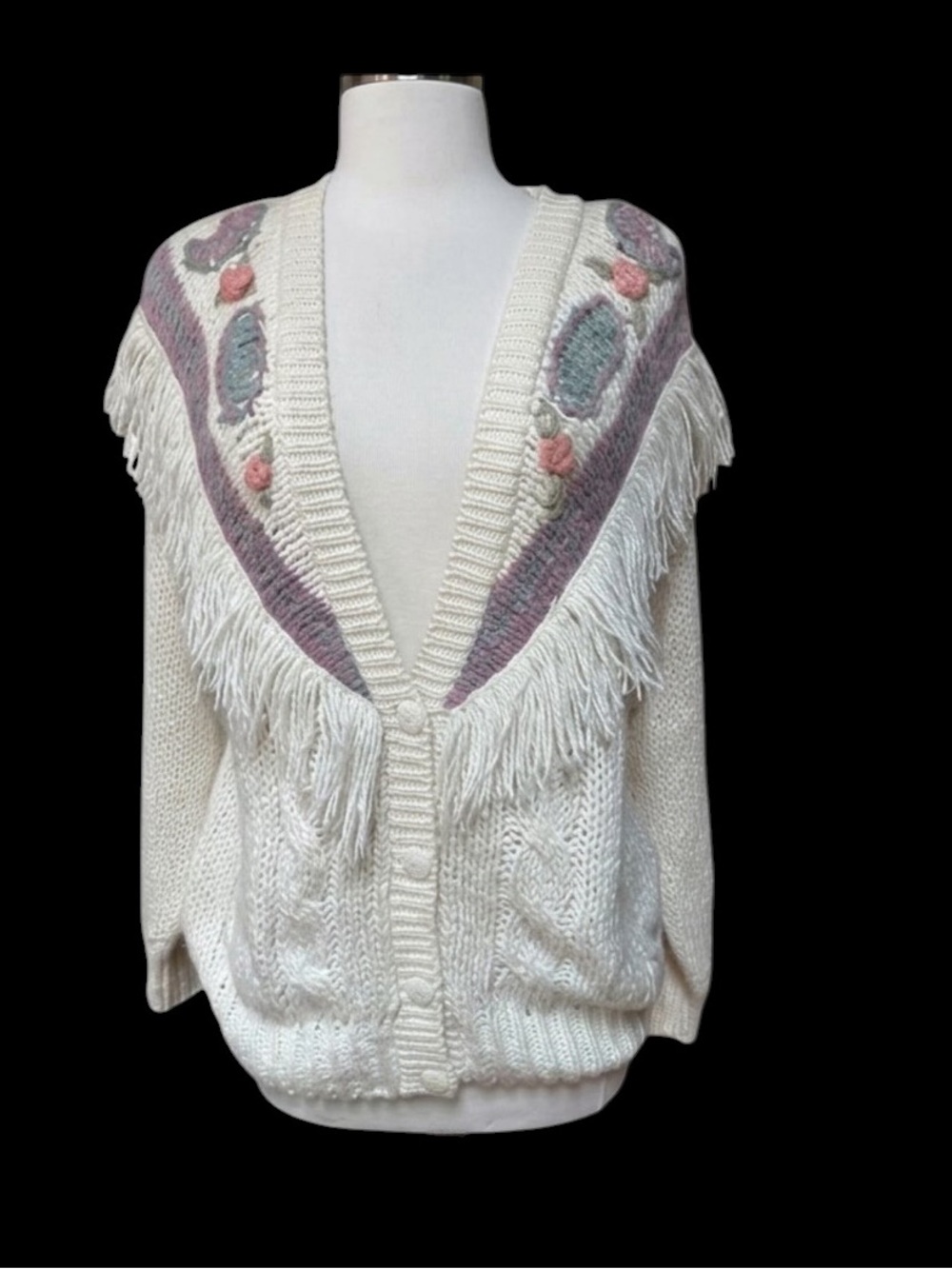 1980s Spice of Life Floral Fringe Knit Cardigan